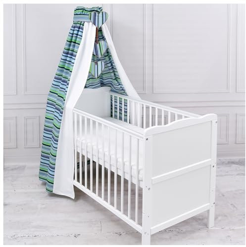 Generisch Baby Delux Babybett Himmel Betthimmel Baumwolle Baldachin für Babybett Kinderbett Wiege Stubenwagen Himmelstange Applikationen Herz Deko (Streifen Blau, ohne Himmelstange)