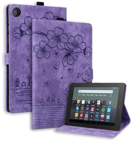 SLLMYYX Tablet-Hülle kompatibel mit Kindle Fire HD 8 & 8 Plus Tablet (12. / 10. Generation 2022/2020), Kirschblüten-Katze, PU-Leder, Folio-Aufstellfunktion, Smart Cover, Violett