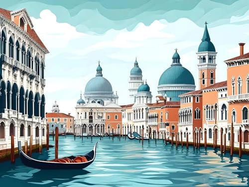 Malen nach Zahlen Erwachsene Venedig Water City, DIY Handgemalt Ölgemälde Kit Mit 3-Pinseln und Acrylfarbe, Anfänger Paint by Numbers Malen Nach Zahlen zur Heimdekoration, Ohne Rahmen 40x30cm V-331