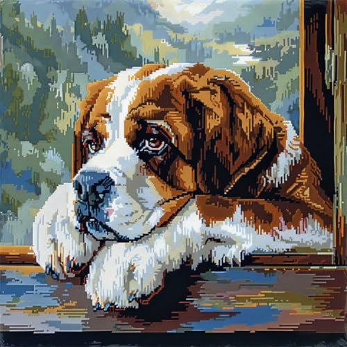 RKFLGEW DIY knüpfen set erwachsene Bernhardiner Tier knüpfkissen set Fantasie Hund 3D-Kissen-Materialpaket，Knüpfhaken-Sticksets，DIY-Teppichkissen，Häkelkissenbezug für Zuhause 43x43cm