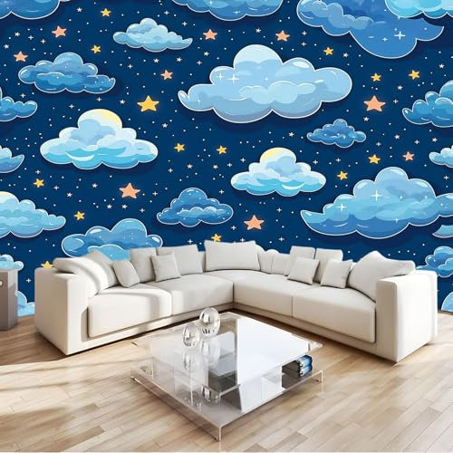 Fototapete Cartoon Wolken Dunkelblau Sternenhimmel 200x140 cm Tapete Fototapeten Vlies Tapeten Vliestapete Wandtapete Moderne Wand Schlafzimmer Wohnzimmer Wand tapete