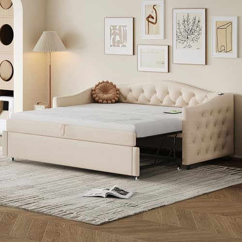 Dolamaní Schlafsofa 90/180x200 cm für Erwachsene 2 Personen, Ausziehbett gleiche höhe Bett Ausziehbar zum Doppelbett, Multifunktionsbett aus hautfreundlichem Leinenstoff (Beige B)