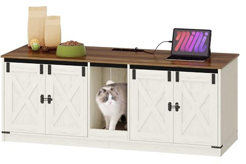 Hzuaneri Kattsandskåp med USB-portar och Eluttag, 140 cm Dolda Kattstråmöbel för 2 Katter, Katthus Inomhus med Kattklocka, Bondgårdsstil, Rustik Brun och Vit CB82514X