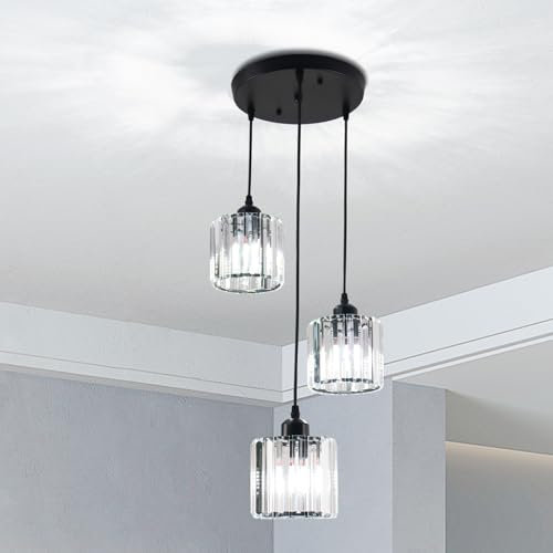 Cainjiazh Pendentifs en cristal pour plafond rond, lustres modernes en cristal pour îlot de cuisine, lustre ajustable pour salle à manger, foyer, entrée du salon, noir 3 lumières