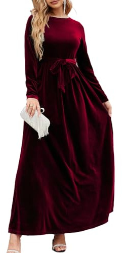 FDKLOOK Womens Cocktail Dresses Crewneck Velvet Belted Pleated Long Sleeve Party Wedding Guest Maxi Dress with Pockets XL Wine Red
