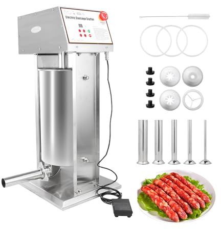 Hakka Electric Sausage Stuffer,10L/22LB Stainless Steel Vertical Sausage Maker,Commercial Electric Sausage Filling Maker with 5 Tubes and 4 Churros,Various Speed Control
