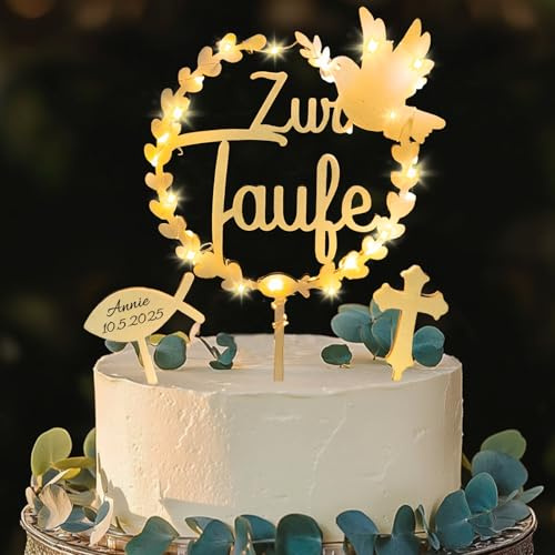 Cake Topper Taufe, Tortendeko Taufe Deko Holz 3 Stück mit LED Lichterkette
