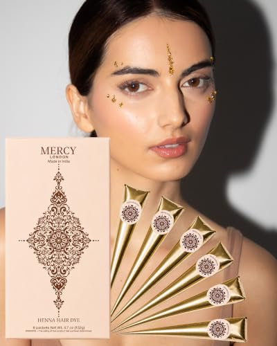 Henna Cones – Made from 100% Natural Henna Leaves, 6 Ready to Use Mehndi Cones, Ammonia Free Pre Mixed Indian Mehandi by MERCY LONDON Long Lasting Natural Looking Hair Colour