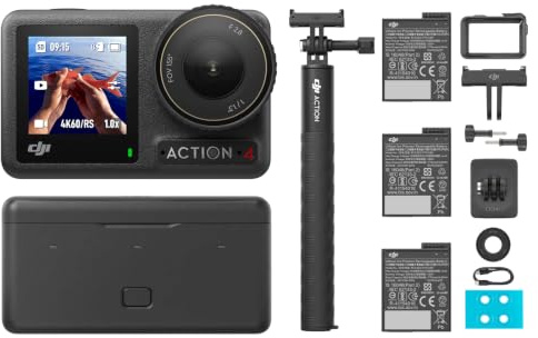 DJI Osmo Action 4 Adventure Combo Unterwasserkamera | 4K/120fps Action Cam mit 1/1,3-Zoll-Sensor, 10-Bit und D-Log M, 155° Ultraweitwinkel-Sichtfeld, bis zu 7,5 Std. mit 3 Akkus