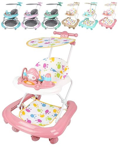 XUANYU Girello con baldacchino, maniglia, stazione di gioco rimovibile, zona pranzo, sedile comodo e freni, passeggiata girello pieghevole passeggino per 6-36 mesi ragazzi e ragazze (rosa II)