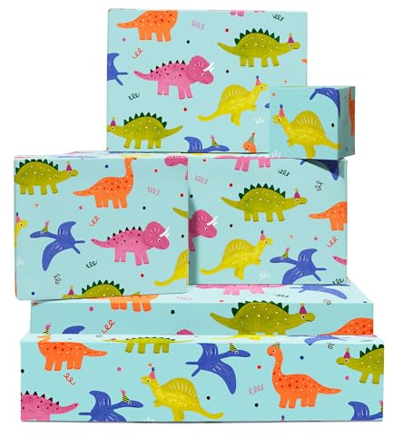 Dinosaurier-Geschenkpapier – Bunte Dinos in Rot, Grün, Blau, Orange – 6 Blätter für Kindergeburtstag, Weihnachten, Ostern, Babyparty – Für Jungen, Mädchen, Sohn, Tochter – Mit Etiketten