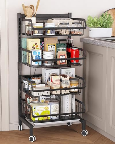 UMDONX Vegetable Storage Rack Kitchen Trolley Metal 4 Tier, Utility Rolling Cart on Wheels Veg Fruits Organiser Pantry Shelving Unit, Black Heavy-duty