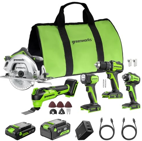 GREENWORKS 24V 5-Tool (Taladro + Destornillador de impacto + Sierra circular + Herramienta multifunción + Linterna), Baterías USB-C de 4,0 Ah y 2,0 Ah, 2 cables, Cargador rápido de 65 W, CK351