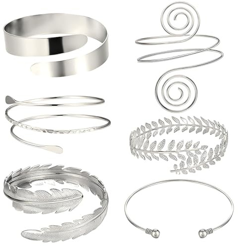 oooaooo 6 Stück Oberarmreif Silber Bangles, Armreif Oberarm Silber, Wickelarmband Damen, Verstellbar Boho Arm Cuff Silver Schmuck Set Oberarm Schmuck für Damen Mädchen für Die Tägliche Hochzeit