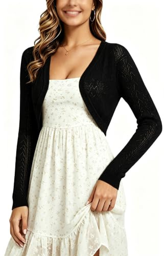 Chaqueta Torera de Punto Bolero Mujer Patrón Calado Hueco Abajo Redondeada Chaqueta Cárdigan Corto Torera Través Capa Manga Larga para Boda Corta Crochet Fiesta Elegante Negro XXL