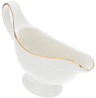 ABOOFAN Saucière Céramique Blanche avec Bord Doré Pichet à Sauce pour Table Familiale Chaud Froid pour Sauce Sirop Lait et Vinaigrette Cadeau Maison