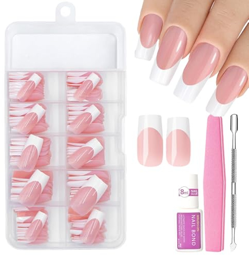False Nails Kit - 120pcs Natural French Pink Fake Nail - Acrylic Square Fake Nails White Tips - 12 Sizes Glossy Full Cover Stick on Nail for Women Art Manicure