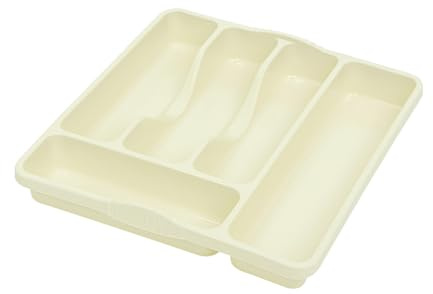 VISHCHIT Kitchen Cutlery Tray Organizer – Small Plastic Drawer Insert Rack Holder for Utensils, Knives, Forks & Spoons – Compact Tidy Storage Solution (Soft Cream, small)