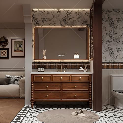 DUANHOZ Tocador de baño Moderno con Espejo antivaho Inteligente, Lavabo Individual de Suelo, Marco de Madera Maciza, 100 cm, solución de Almacenamiento para una decoración elegan