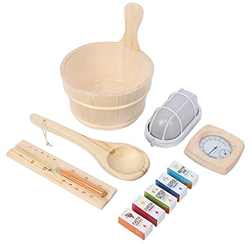 SYUULCOI For Sauna Room Set: Wood, Spoon, Explosion - Proof Lamp, Hourglass, Hygrothermograph, Essential Oil