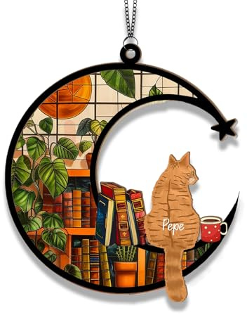 Sonnenfänger mit Schwarzer Katze für Fenster, Sonnenfänger für Haus und Garten aus Acryl, Schwarze Katzen Deko Lesende Katze Buchliebhaber Geschenk, Fensterdeko Hängend (B)
