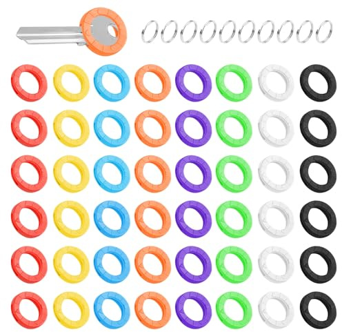 Aihoom - Juego de 64 fundas para llaves de colores + 10 anillas, tapas impermeables para llaves planas y redondas, identificación fácil, 8 colores, protectores de llaves, accesorios de puerta