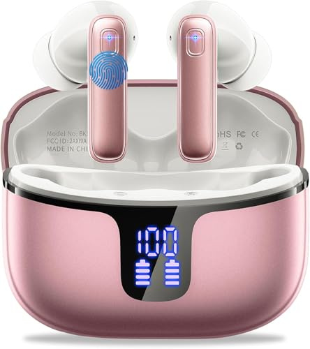Cuffie Bluetooth, Auricolari Bluetooth Stereo HiFi, 2026 Cuffie Wireless In Ear con 4 ENC HD, Cuffiette Sport Touch Control, Cuffie Senza Fili con 40H Display LED, Earbuds per Android/iOS Oro rosa
