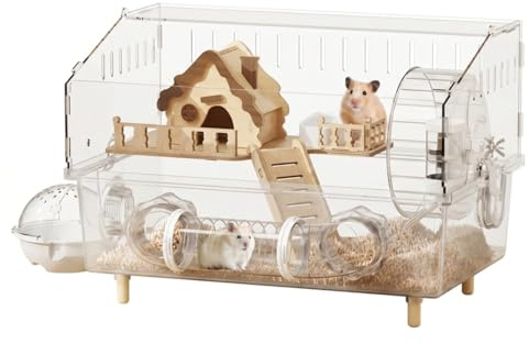 Striegro hamsterbur, hamsterbur i panorama, akryl och trähölje med tysta tillbehör, genomskinlig, 100 x 50 x 50 cm.