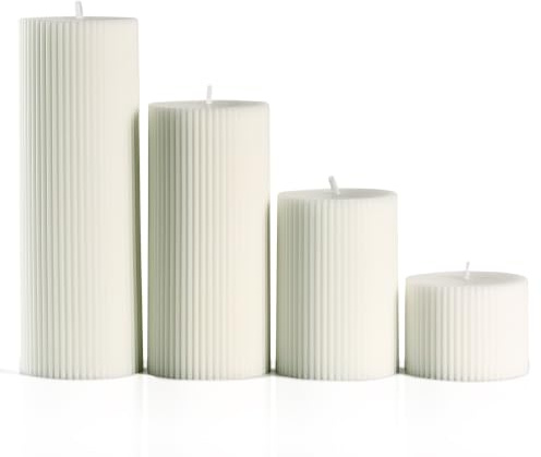 LETINE Ribbed Pillar Candles Set of 4, Ivory, Made of Premium Paraffin Wax | Long Burning Time Unscented Candles for Christmas, Advent and Home Decor, Various Sizes 20-15-10-5, Ø7cm