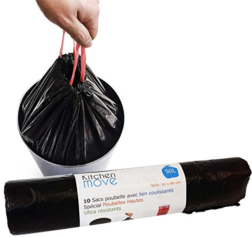 Kitchen Move SACPOU50 10 Sacs 50 litres avec Lien coulissants Spécial Poubelles Hautes Ultra résistants, Plastique, Noir, 55 x 55 x 85 cm