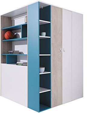 Furniture24 Eckkleiderschrank Planet PL-1, Garderobenschrank, Begehbarer Kleiderschrank, Schrank mit Einlegeböden, Schubladen, Kleiderstange und Innebeleuchtung (Weiß/Eiche/Marine)