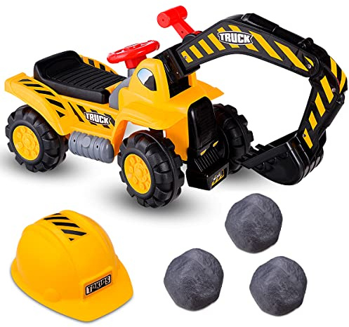 COSTWAY Excavatrice Tracteur Jouet pour Enfant avec Pelle Manuelle & Vocal, Pelleteuse avec 4 Penus en HDPE, 3 Pierres, Casque de Sécurité, Espace de Rangement Caché, Porteur pour 3 Ans+
