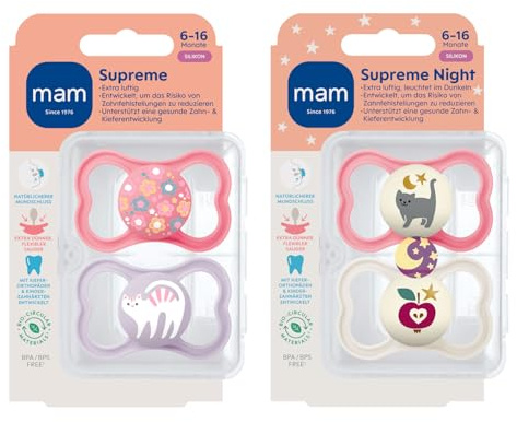 MAM Dental Schnuller Supreme, 4er Pack for Girls, 6-16 Monate, haut- und zahnfreundlicher Schnuller, Skin Soft Silikon