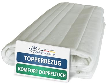 AM Qualitätsmatratzen Topper Bezug 90x200 4-6 cm Kernhöhe - Made in Germany & Oeko-TEX Siegel - Allergiker Topperbezug 90x200cm aus Doppeltuch mit Klimafaser versteppt & 4-seitigem Reißverschluss