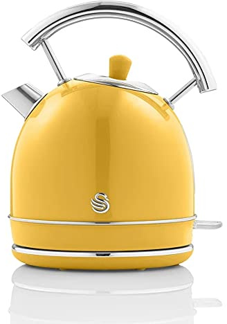 Swan Retro SK14630YELN Hervidor de Agua 1,8L, Tetera Eléctrica, Resistencia Oculta Acero Inoxidable, Inalámbrico, sin Cable, Diseño Vintage, Apagado Automático, Amarillo, 3000W