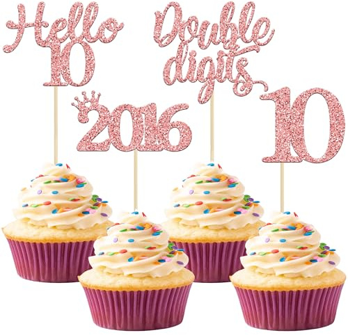 Gyufise 24Pcs Rose Gold Glitter Happy 10th Birthday Cupcake Toppers 10 Ten Hello 10 Double Dights Since 2016 Cupcake Picks for 10th Birthday Party Decorations