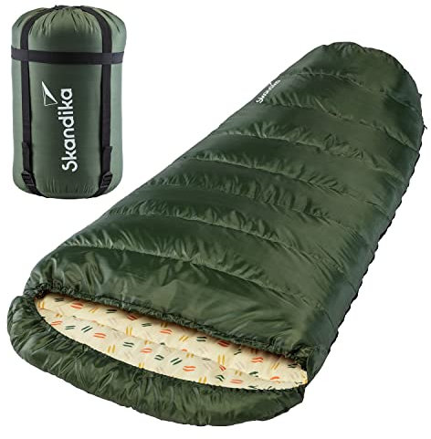 Skandika Schlafsack Vegas | XXL Mumienschlafsack mit Polycotton Innenfutter, für Erwachsene, koppelbar, 3 Jahreszeiten, bis -12°C, 220 x 110 cm | Winter Outdoor Camping Wandern (RV Links, Dunkelgrün)