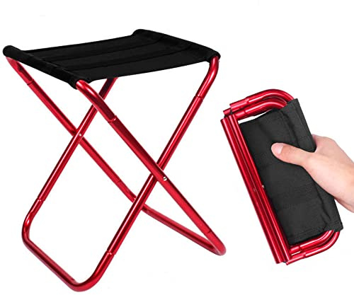 XVBVS Mini Tragbarer Campinghocker Klappstuhl, Leichter Picknickhocker Angelstuhl mit Tragetasche für Erwachsene, Tragfähigkeit 150 kg-Red