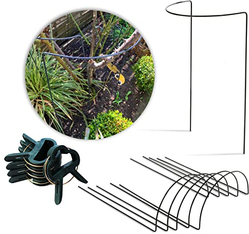Novatool 5X Strauchstütze halbrund 50cm grün und 20x Pflanzenbefestigungen I Staudenhalter Blumenhalter Metall Pfingstrosen I Pflanzenstütze Blumenstütze Rankhilfe für Kletterpflanzen