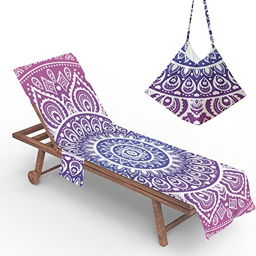 Morbuy Beach Chair Cover Towel, Mandala Print Beach Towel Lounger Bags with Pockets Sunbed Towels Fitted Microfiber Sun Lounger Towels for Summer Outdoor Pool Vacation Travel (Gradient purple)