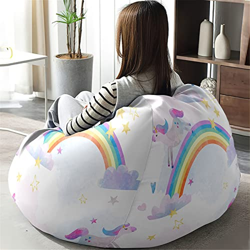 Treer Fodera per Pouf a Sacco, Motivo Unicorno 3D Pouf Poltrona Sacco Senza Imbottitura/Copertura per Pouf Sacco con Cerniera/Copertura per Poltrona Sacco (80x90cm,Arcobaleno)