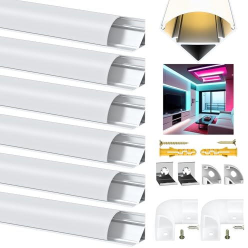 Angdarun LED Profil 6 x 1M, LED Aluminium Profil V-Form, Aluminium Profil für Led Streifen/Stripes/Stripe/Strip, mit Milchige Weiß Led Strip Abdeckung, Eckverbinder, Montagematerial für LED-Streifen ﻿
