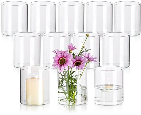 Glasseam Glaszylinder Vase Kleine Vasen für Tischdeko, Klar Blumenvase Modern Glasvasen 12 Stück, 10 x 8,5 cm Blumen Vasen Glas Zylinder Kerzenhalter Tischvase für Wohnzimmer Wedding Decoration