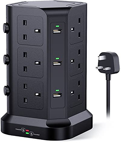 Tower Extension Lead by KOOSLA, [13A 3250W] Surge Protector - 12 AC Outlets & 6 USB Ports Multi Plug Socket Power Strip with Heavy-Duty Extension Cable 2m for Home, Office Black