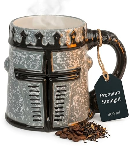 MIJOMA Fantasy Henkelbecher 400 ml – Ritter-Design für Kaffee oder Tee – Steingut mit plastischer Helmform – Geschenkidee, Sammlerstück und Mittelalter-Deko