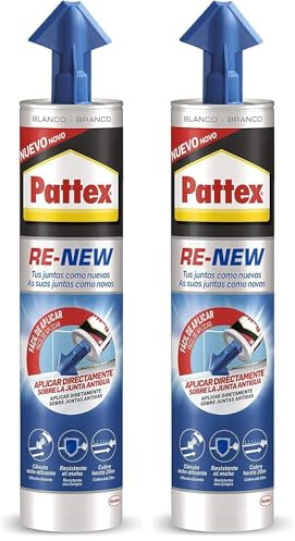 Pattex RE-NEW en cartucho, silicona blanca para sanitarios, blanqueador de juntas para baños, sellador universal impermeable con triple resistencia al moho, 1 x 280 ml, Paquete de 2