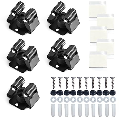 GVSAVY 5pcs Broom Holder with Screws, 5pcs Nail Free Stickers, Wall Mount Self Adhesive Mop Holder, Stainless Steel Garden Tool Holder, Suitable for kitchen, bathroom, garden, garage (black)