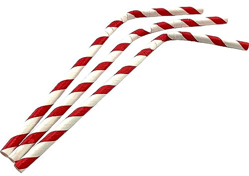 Paper Bendy Straws Red Stripes Set of 50 Biodegradable Compostable Drinking Party Straws-Eco-Friendly PLA Material-7.75 (20cm) Length-BPA Free, Plant Based & Food-Safe (50 Count (20cm), Red Stripes)