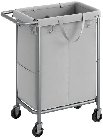 SONGMICS Laundry Basket on Wheels, 2-Compartment Laundry Hamper, 37 Gallons (140L), Removable Liner, Steel Frame with Handle, Large Linen Storage, 69 x 39 x 81 cm, Dove Grey RLS004G01
