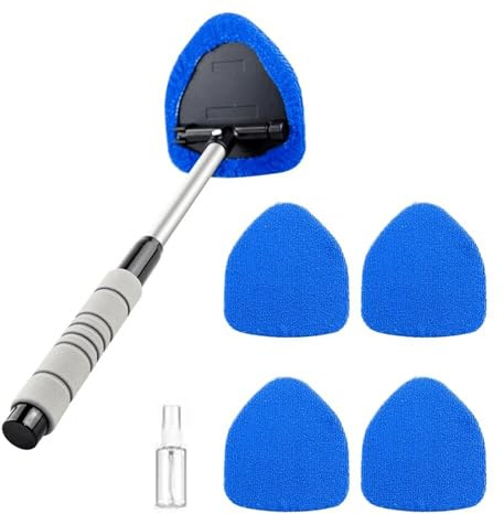 GUQIANLU Kit per la pulizia dei vetri dell'auto con 4 panni in microfibra riutilizzabili, tergicristallo estensibile con manico lungo per la pulizia del parabrezza, accessorio universale per auto per